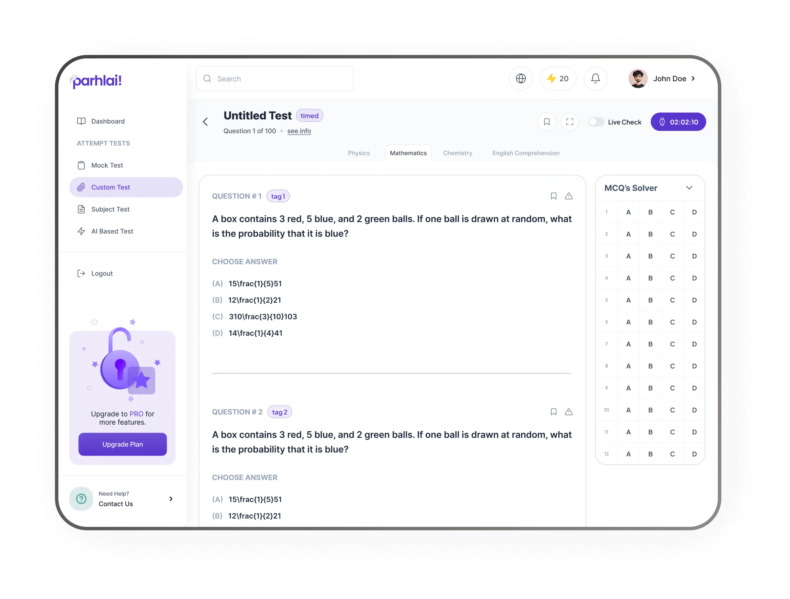 Interactive MCQ Solver Dashboard